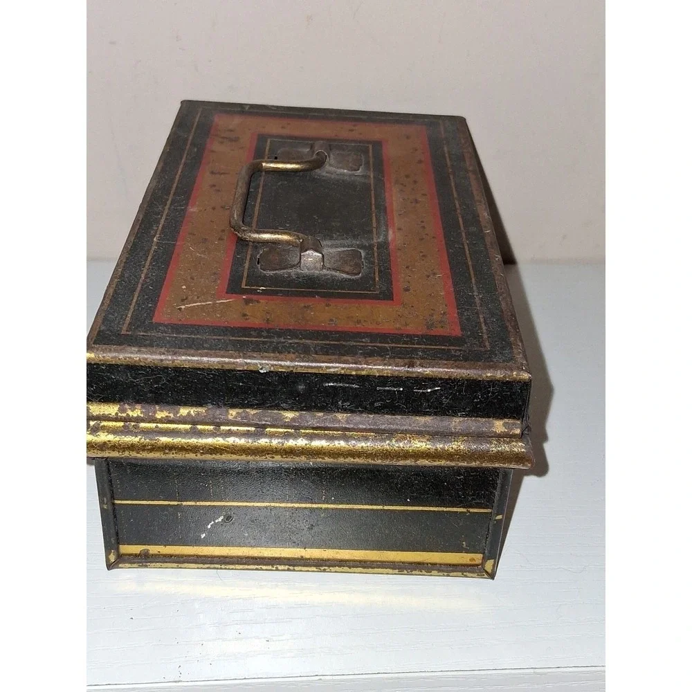 Vintage Antique English Made Tin Document Box Cash Box Black Gold Tole Style